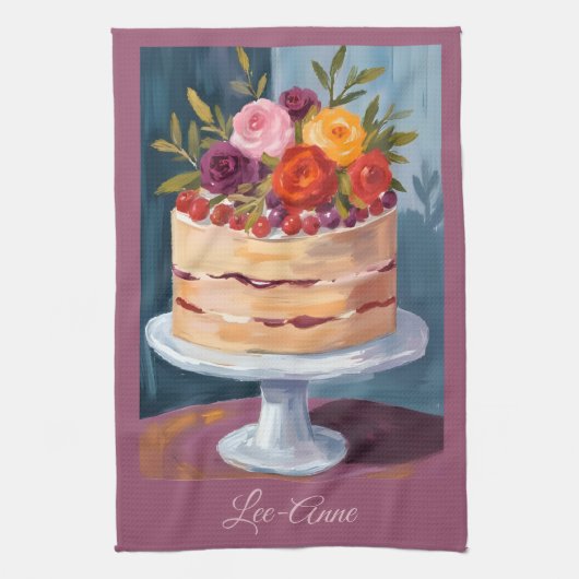 カントリコアな花柄ケーキの水彩画 キッチンタオル (縦)
