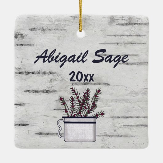 カントリパーソナライズされたー素朴ムース樺の木クリスマス セラミックオーナメント (裏面)