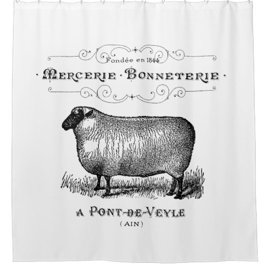 カントリフランスのーヴィンテージシープファームハウスタイポグラフィ シャワーカーテン (正面)