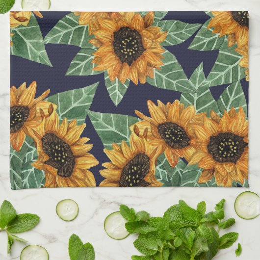 カントリーかわいいイエローネイビーヒマワリ水色 キッチンタオル (折り畳み)