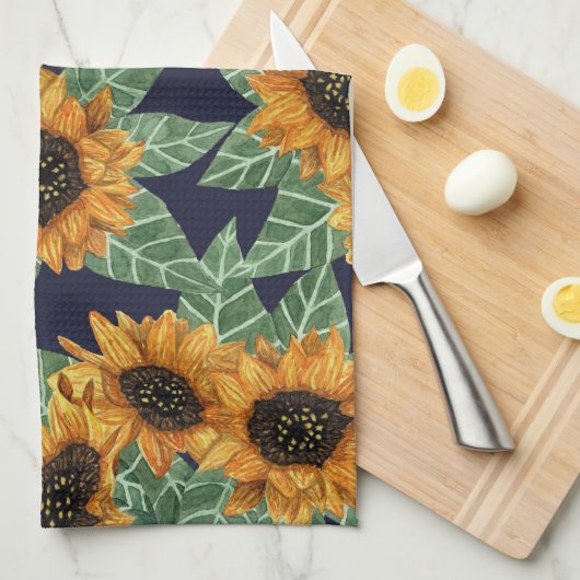 カントリーかわいいイエローネイビーヒマワリ水色 キッチンタオル (四つ折り)