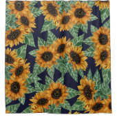 カントリーかわいいイエローネイビーヒマワリ水色 シャワーカーテン (正面)