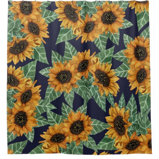 カントリーかわいいイエローネイビーヒマワリ水色 シャワーカーテン (正面)