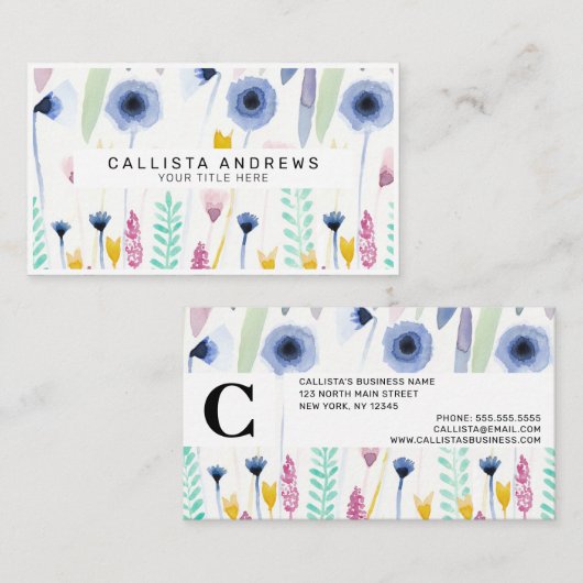 カントリーかわいいワイルドフラワーウォータカラーアート 名刺 (正面/裏面)