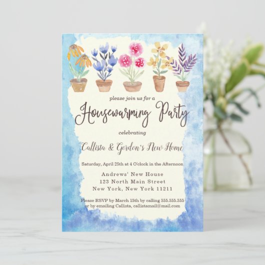 カントリーかわいい水彩鉢植え植物引っ越し祝いパーティー 招待状 (スタンド正面)