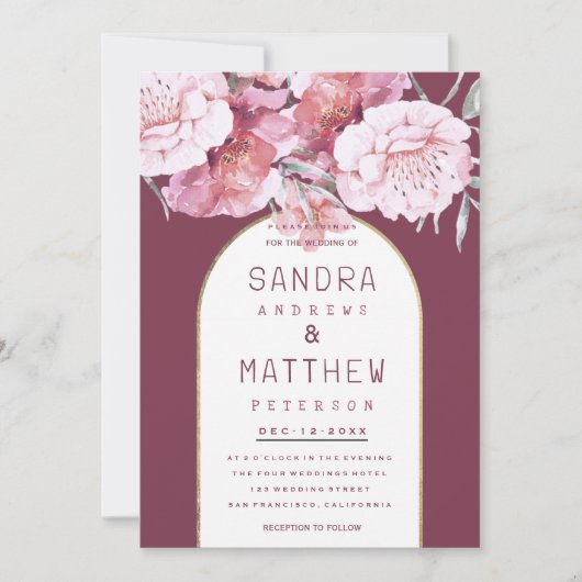 カントリーのシックなミントマウブピンクの金ゴールドフローラ 招待状 (正面)