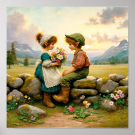 カントリーの服を着た二人の愛らしいヴィンテージマンチキン ポスター