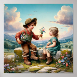 カントリーの服を着た二人の愛らしいヴィンテージマンチキン ポスター