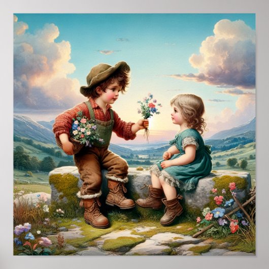 カントリーの服を着た二人の愛らしいヴィンテージマンチキン ポスター (正面)