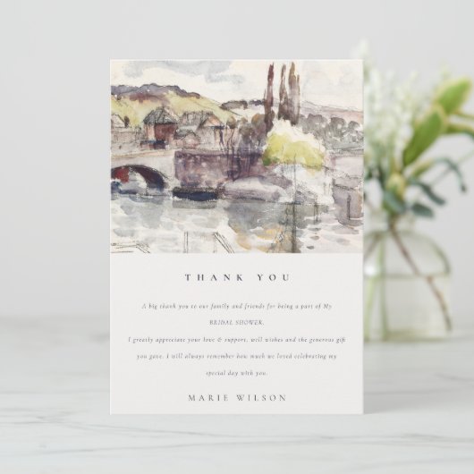 カントリーの橋と川のほとりの水彩色のウェディングシャワー サンキューカード (スタンド正面)