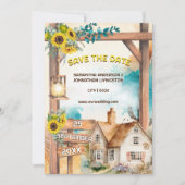 カントリーの水の色の家ひまわりアーチ素朴 招待状 (正面)