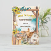 カントリーの水の色の家ひまわりアーチ素朴 招待状 (スタンド正面)