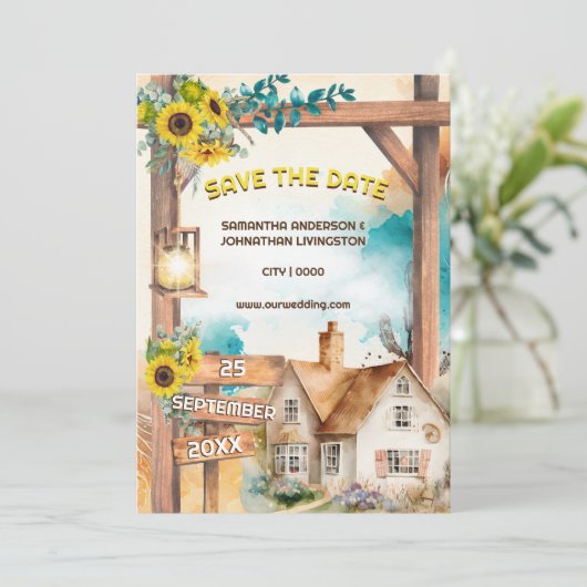 カントリーの水の色の家ひまわりアーチ素朴 招待状 (スタンド正面)