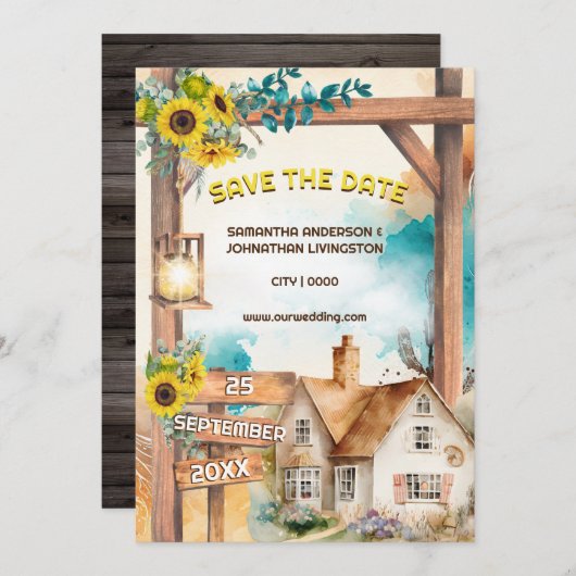 カントリーの水の色の家ひまわりアーチ素朴 招待状 (正面/裏面)