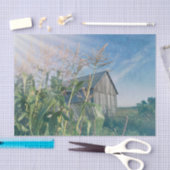カントリーの牧場の古びた納屋と青い空に太陽の光 薄葉紙 (クラフト)