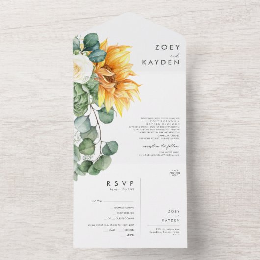 カントリーはっきりしたヒマワリ |シールして送信 オールインワン招待状 (内側)