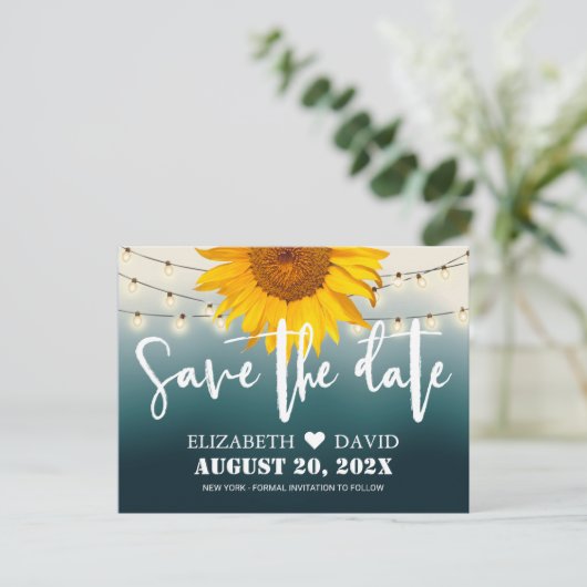 カントリーひまわりグラデーションティール（緑がかった色）結婚式の日付を保存 案内ポストカード (スタンド正面)