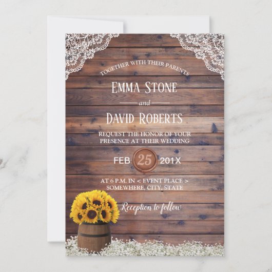 カントリーひまわりワ素朴イン結婚樽 招待状 (正面)