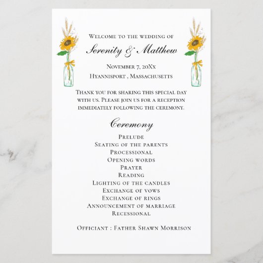 カントリーひまわり素朴フローラ結婚式 プログラム (正面)