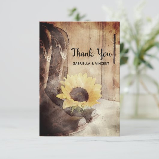 カントリーひまわり結婚ウェスタンの水色 サンキューカード (スタンド正面)