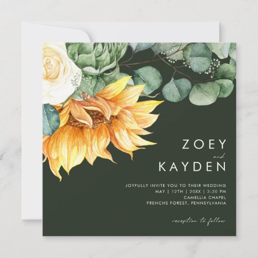 カントリーひまわり花束 |緑の四角結婚形 招待状 (正面)