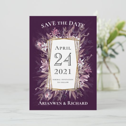 カントリーアートフローラ結婚式の日付の招待を保存 招待状 (スタンド正面)