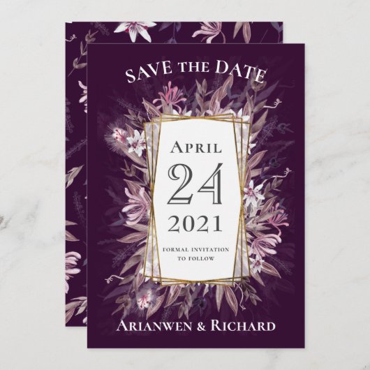 カントリーアートフローラ結婚式の日付の招待を保存 招待状 (正面/裏面)