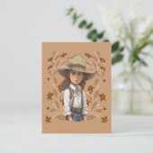 カントリーアート女性のカーボーイカウボーイハットポーズと花 ポストカード (スタンド正面)