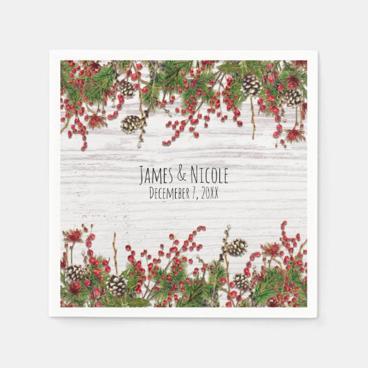 カントリーウィンターホリデーベリー&パインコーン結婚ズ スタンダードカクテルナプキン (正面)
