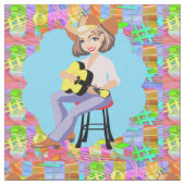 カントリーウェスタンの歌女性のカーボーイとイエローギター ファブリック (クローズアップ)