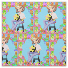 カントリーウェスタンの歌女性のカーボーイとイエローギター ファブリック