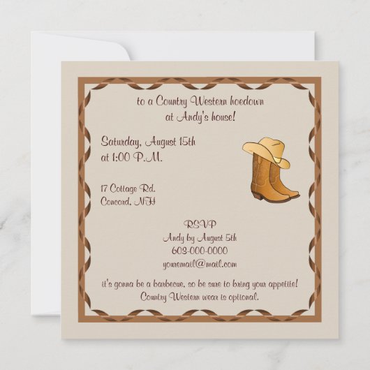 カントリーウェスタンパーティーと女性のカーボーイブーツと帽子 招待状 (裏面)