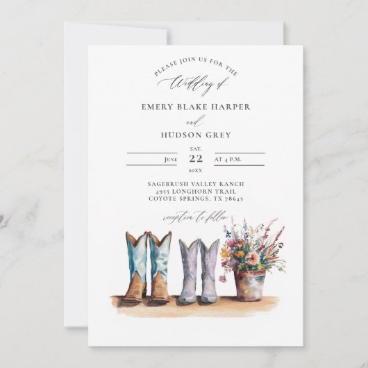 カントリーウェスタンブーツワイルドフラワー素朴ズ結婚ズ 招待状 (正面)