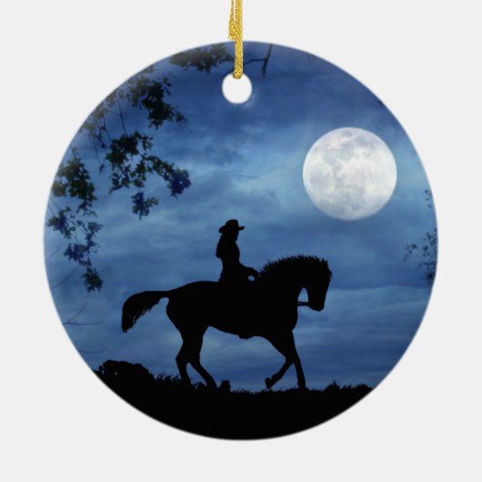 カントリーウェスタン女性のカーボーイとホースフルムーン セラミックオーナメント (裏面)