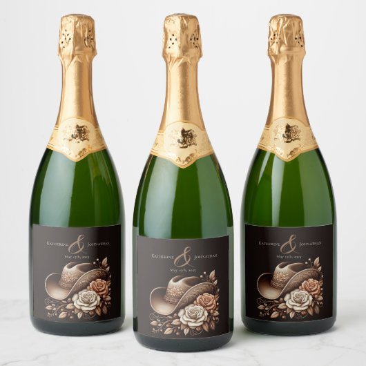 カントリーウェスタン女性のカーボーイハットと花 スパークリングワインラベル (ボトル)