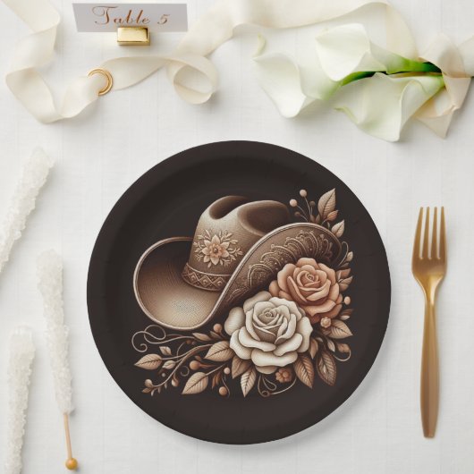 カントリーウェスタン女性のカーボーイハットと花 ペーパープレート (ウェディング)