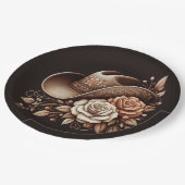 カントリーウェスタン女性のカーボーイハットと花 ペーパープレート (アングル)