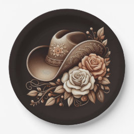 カントリーウェスタン女性のカーボーイハットと花 ペーパープレート