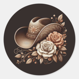 カントリーウェスタン女性のカーボーイハットと花 ラウンドシール