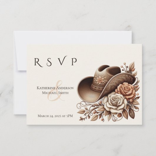 カントリーウェスタン女性のカーボーイハットと花 出欠カード (正面)