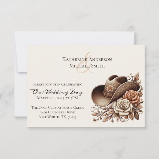 カントリーウェスタン女性のカーボーイハットと花 招待状 (正面)