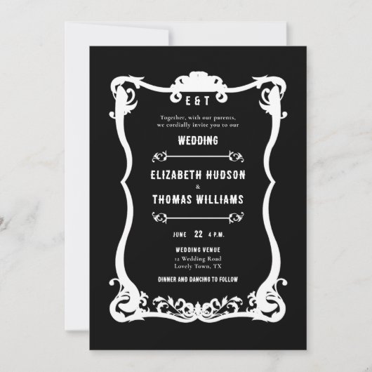 カントリーウェスタン白黒エレガフォーマルントウェディング 招待状 (正面)