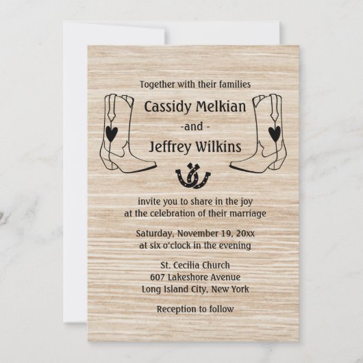 カントリーウェスタン結婚ズのカウボーイブーツ素朴ウッド 招待状 (正面)