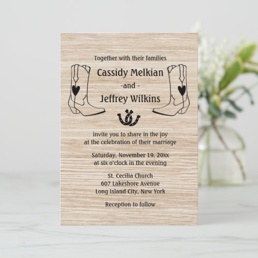 カントリーウェスタン結婚ズのカウボーイブーツ素朴ウッド 招待状 (スタンド正面)