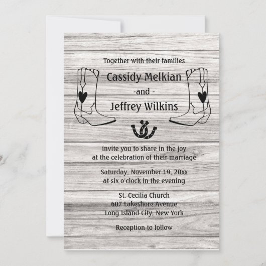 カントリーウェスタン結婚ズのカウボーイブーツ素朴ウッド 招待状 (正面)