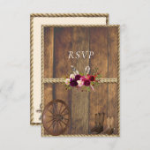 カントリーウェスタン結婚ズのピンクのバラの羽のロープ 出欠カード (正面/裏面)