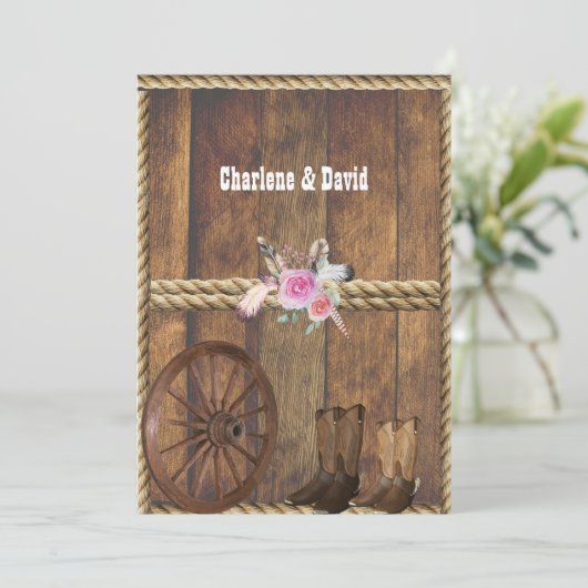 カントリーウェスタン結婚ズのピンクのバラの羽ロープI 招待状 (スタンド正面)