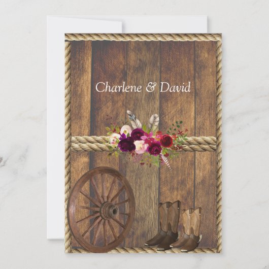 カントリーウェスタン結婚ズの赤いバラの羽のロープ 招待状 (正面)