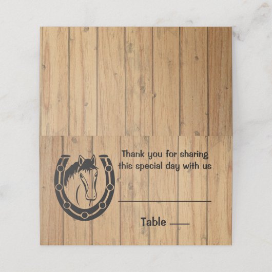 カントリーウェディングホースシューウェスタンブラウンウッド プレイスカード (外部開封)