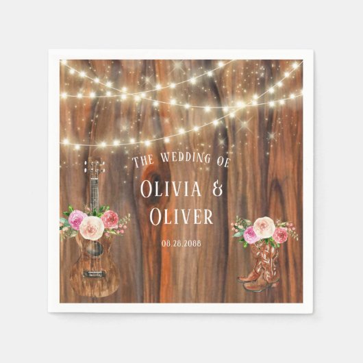 カントリーウエスタンウッドライトバイオリン結婚ズ スタンダードカクテルナプキン (正面)